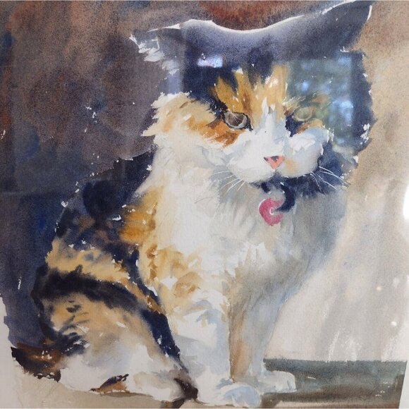Deb Zeller Signed Water Color Painting Sitting Calico Cat Kitty 11 X 15 Midwest - Picture 2 of 6